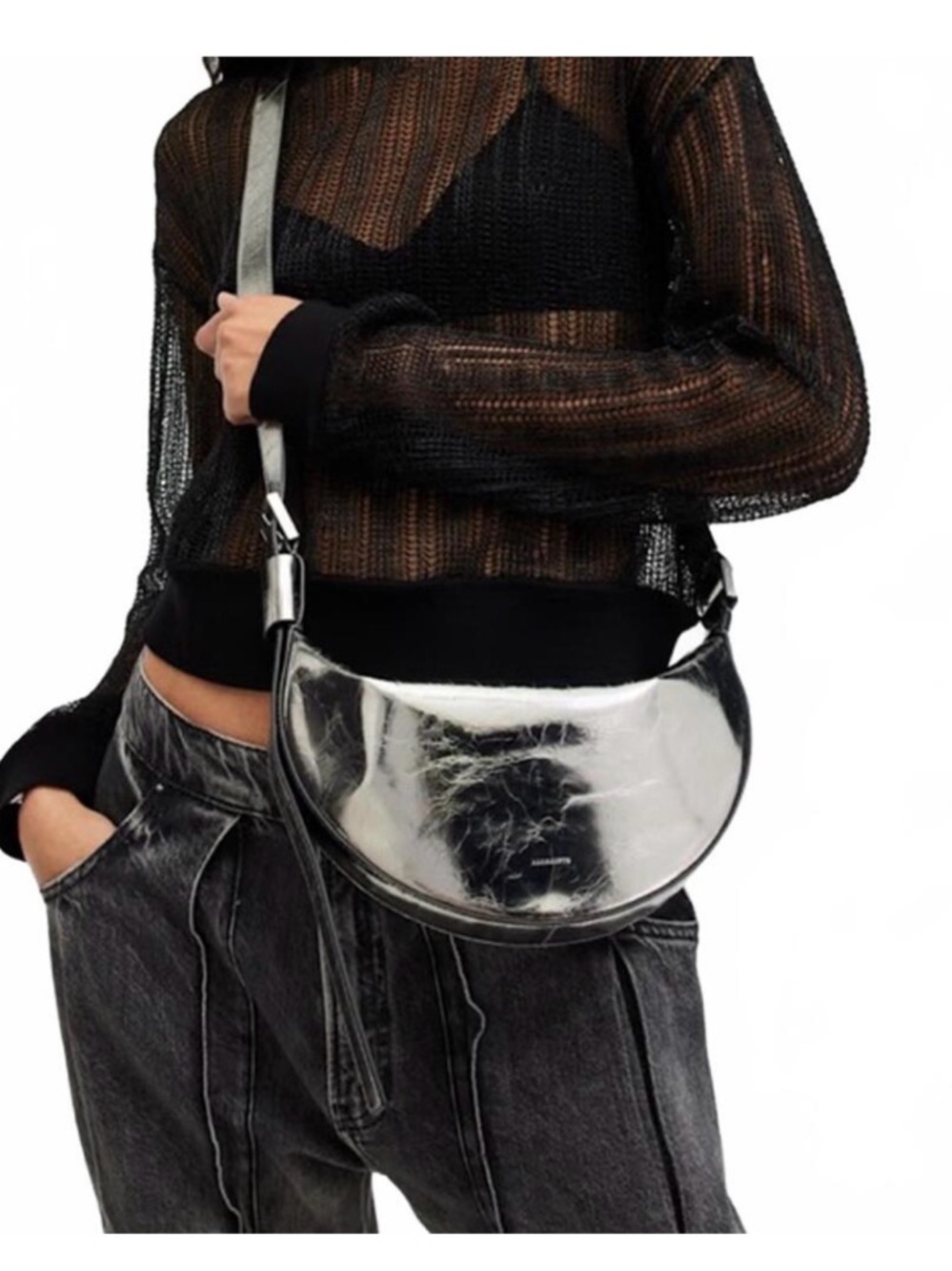 AllSaints Metallic Silver Crescent Crossbody Bag NWT